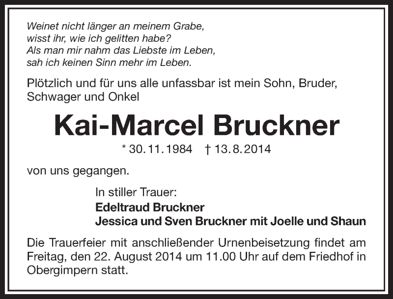 Traueranzeige für Kai-Marcel Bruckner vom 21.08.2014 aus 