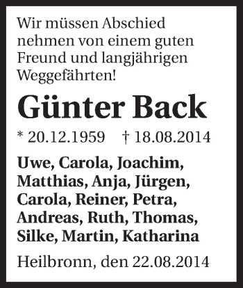 Traueranzeige von Günter Back 