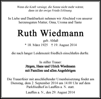 Traueranzeige von Ruth Wiedemann 