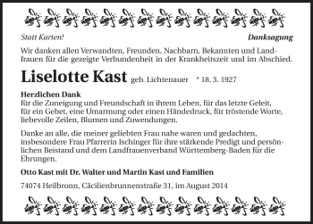 Traueranzeige von Liselotte Kast 