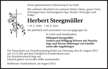 Traueranzeige von Herbert Steegmüller 