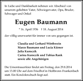 Traueranzeige von Eugen Baumann 
