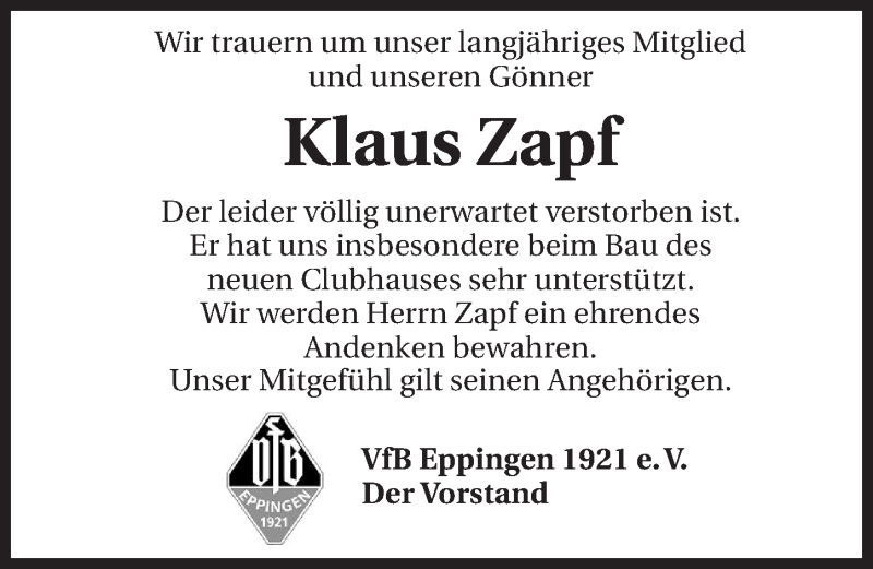  Traueranzeige für Klaus Zapf vom 23.08.2014 aus 