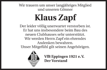 Traueranzeige von Klaus Zapf 
