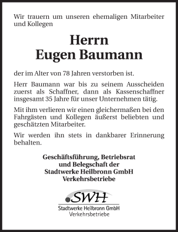 Traueranzeige von Eugen Baumann 