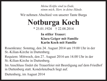 Traueranzeige von Notburga Koch 