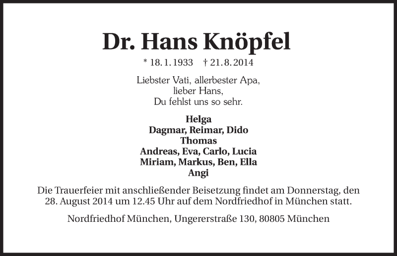  Traueranzeige für Hans Knöpfel vom 23.08.2014 aus 