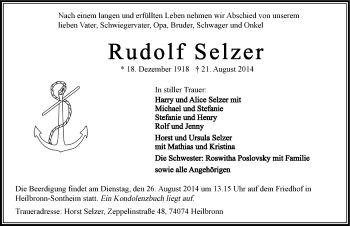 Traueranzeige von Rudolf Selzer 