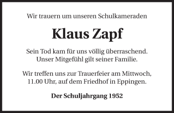 Traueranzeige von Klaus Zapf 