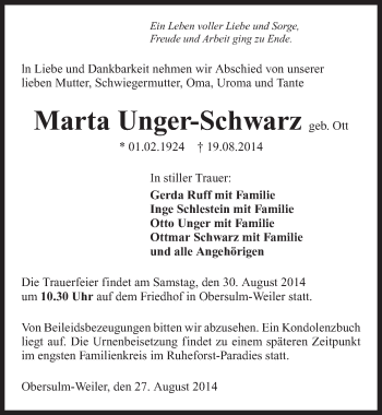 Traueranzeige von Marta Unger-Schwarz 