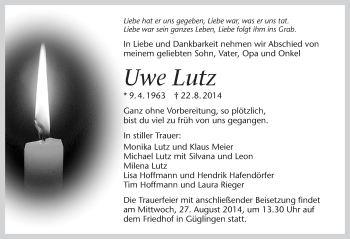 Traueranzeige von Uwe Lutz 