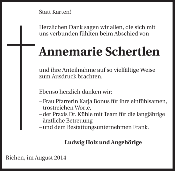 Traueranzeige von Annemarie Schertlen 