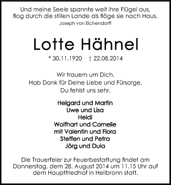 Traueranzeige von Lotte Hähnel 
