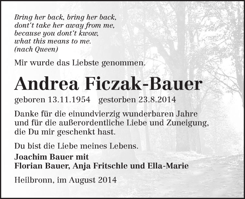  Traueranzeige für Andrea Ficzak-Bauer vom 26.08.2014 aus 