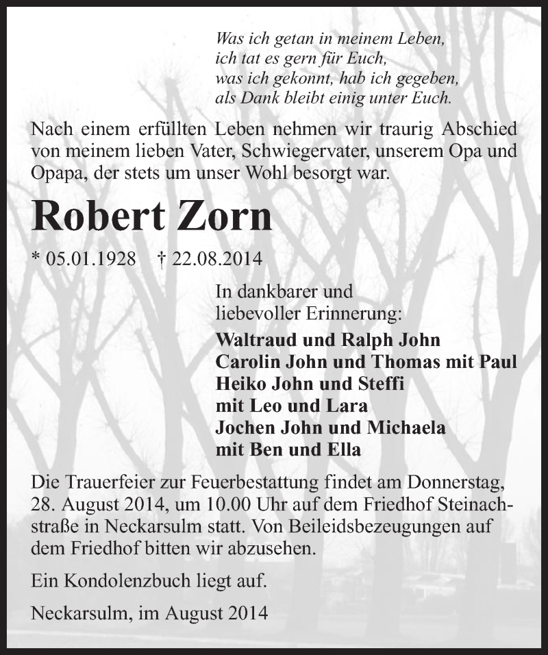  Traueranzeige für Robert Zorn vom 26.08.2014 aus 