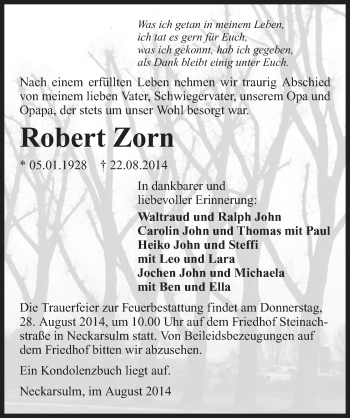 Traueranzeige von Robert Zorn 