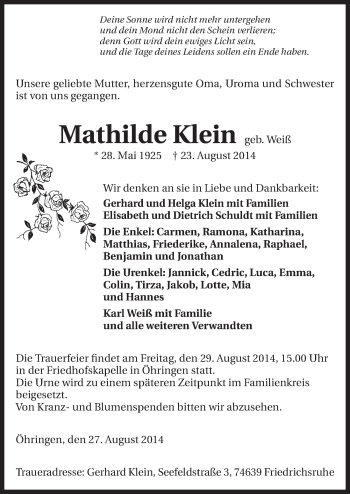 Traueranzeige von Mathilde Klein 