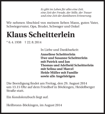 Traueranzeige von Klaus Scheitterlein 