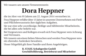 Traueranzeige von Dora Heppner 
