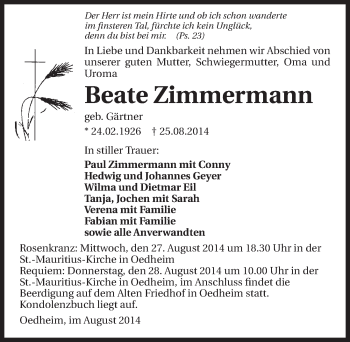 Traueranzeige von Beate Zimmermann 