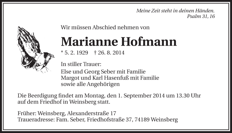  Traueranzeige für Marianne Hofmann vom 28.08.2014 aus 