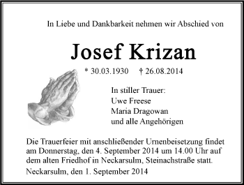 Traueranzeige von Josef Krizan 
