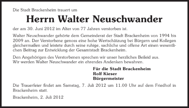  Traueranzeige für Walter Neuschwander vom 03.07.2012 aus 