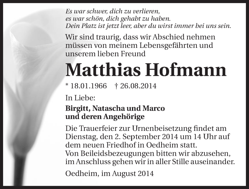  Traueranzeige für Matthias Hofmann vom 28.08.2014 aus 