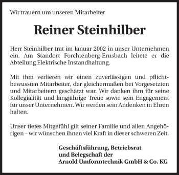 Traueranzeige von Reiner Steinhilber 