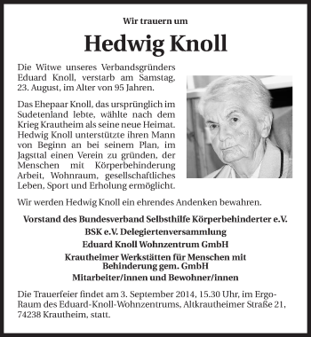 Traueranzeige von Hedwig Knoll 