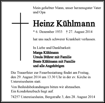 Traueranzeige von Heinz Kühlmann 