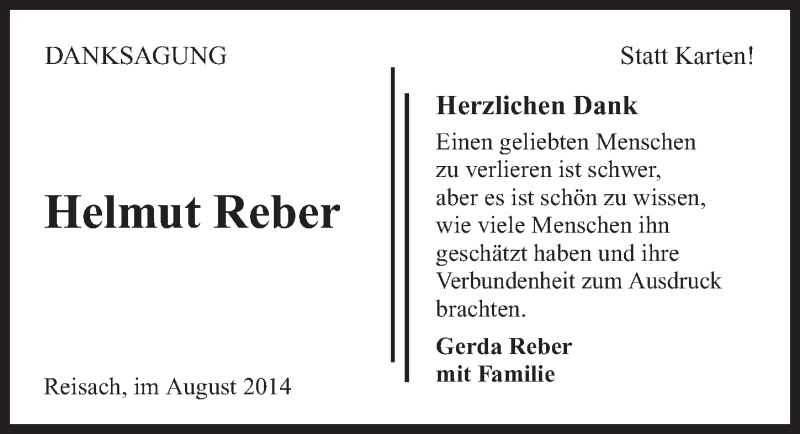  Traueranzeige für Helmut Reber vom 29.08.2014 aus 