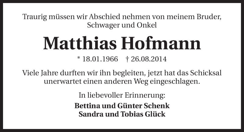  Traueranzeige für Matthias Hofmann vom 29.08.2014 aus 