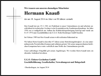 Traueranzeige von Hermann Knauß 