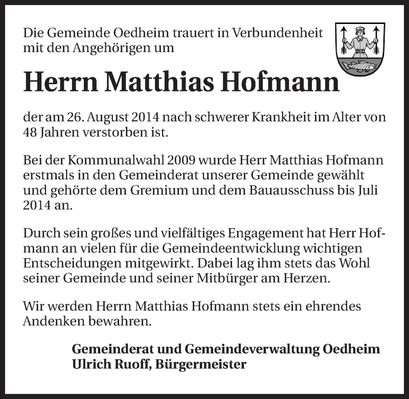  Traueranzeige für Matthias Hofmann vom 29.08.2014 aus 