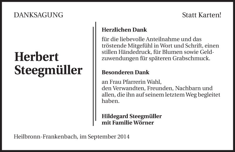  Traueranzeige für Herbert Steegmüller vom 01.09.2014 aus 