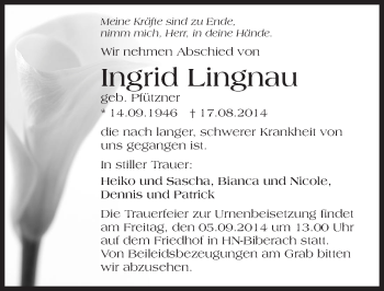 Traueranzeige von Ingrid Lingnau 