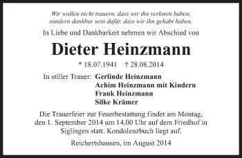 Traueranzeige von Dieter Heinzmann 