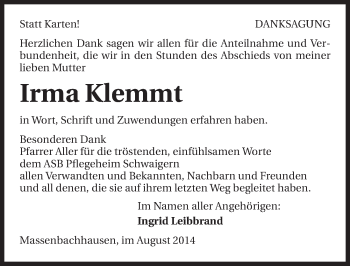 Traueranzeige von Irma Klemmt 
