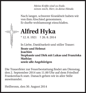 Traueranzeige von Alfred Hyka 