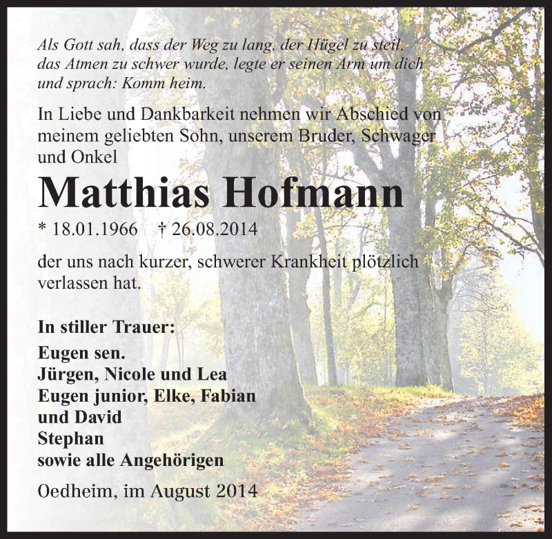  Traueranzeige für Matthias Hofmann vom 30.08.2014 aus 