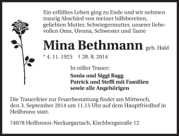 Traueranzeige von Mina Bethmann 