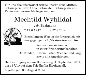 Traueranzeige von Mechtild Wyhlidal 