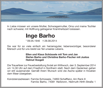 Traueranzeige von Inge Barho 
