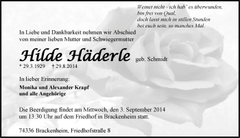 Traueranzeige von Hilde Häderle 