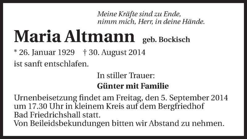  Traueranzeige für Maria Altmann vom 03.09.2014 aus 