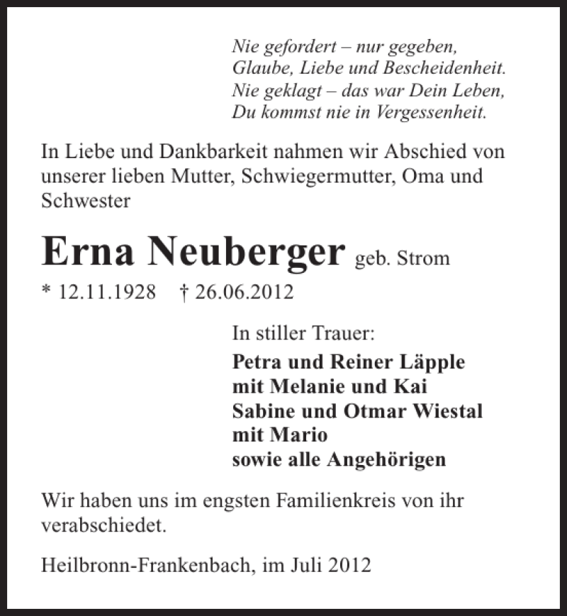  Traueranzeige für Erna Neuberger vom 04.07.2012 aus 