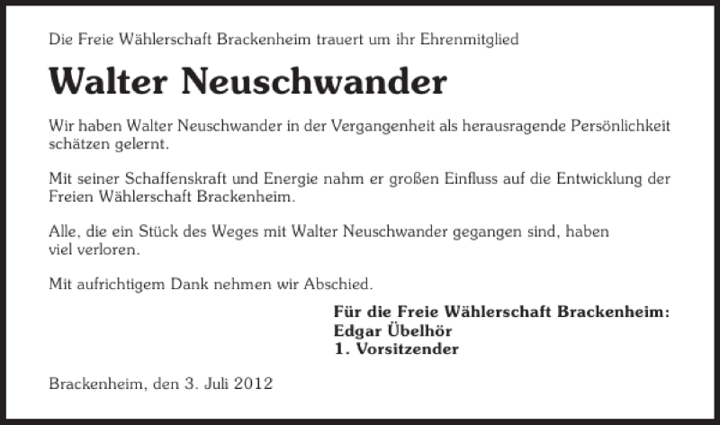  Traueranzeige für Walter Neuschwander vom 04.07.2012 aus 