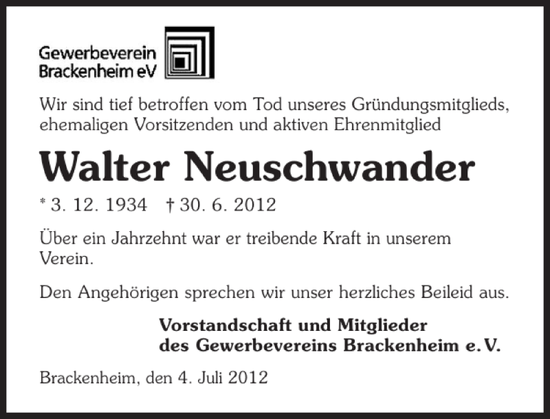  Traueranzeige für Neuschwander Walter vom 04.07.2012 aus 