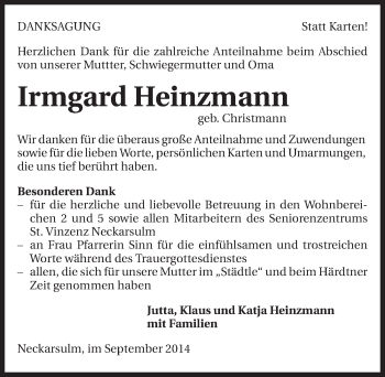 Traueranzeige von Irmgard Heinzmann 